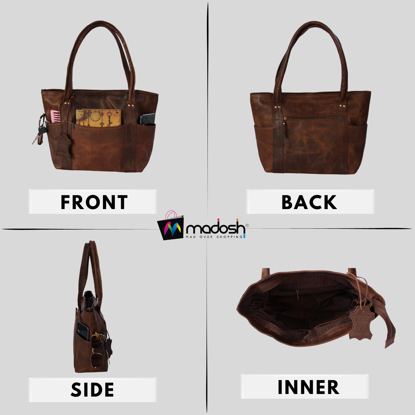  Women Tote Buffalo Leather Brown Shoulder Bag Large Office Handbag Shopper Purse